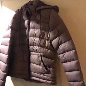 Purple puffer jacket with removable hood